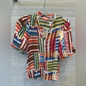 THML Multicolor Striped V-Neck Puff Sleeve Blouse